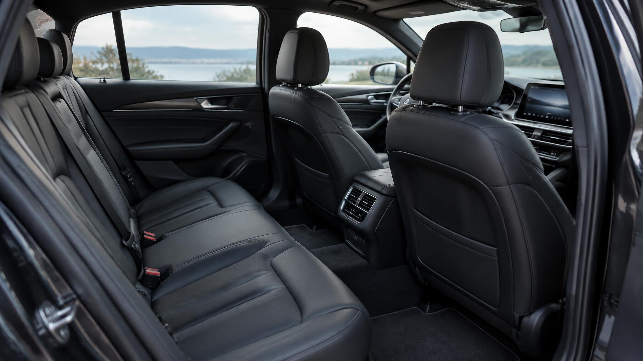 Car interior with leather seats and steering wheel
